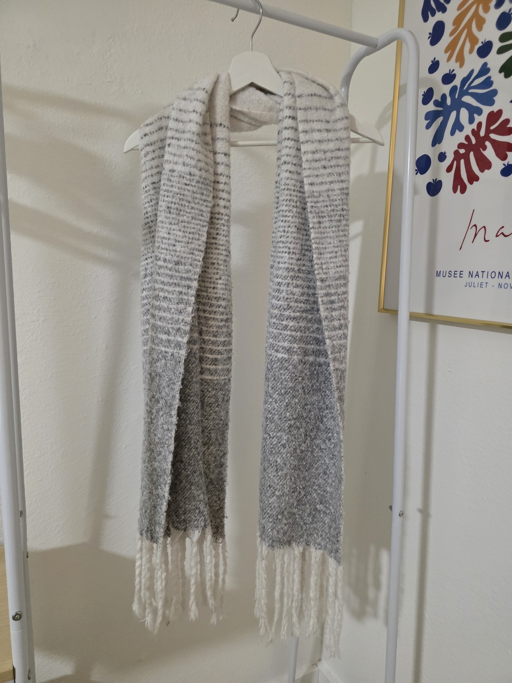 Calvin Klein Gray & Cream Striped Knit Fringe Scarf